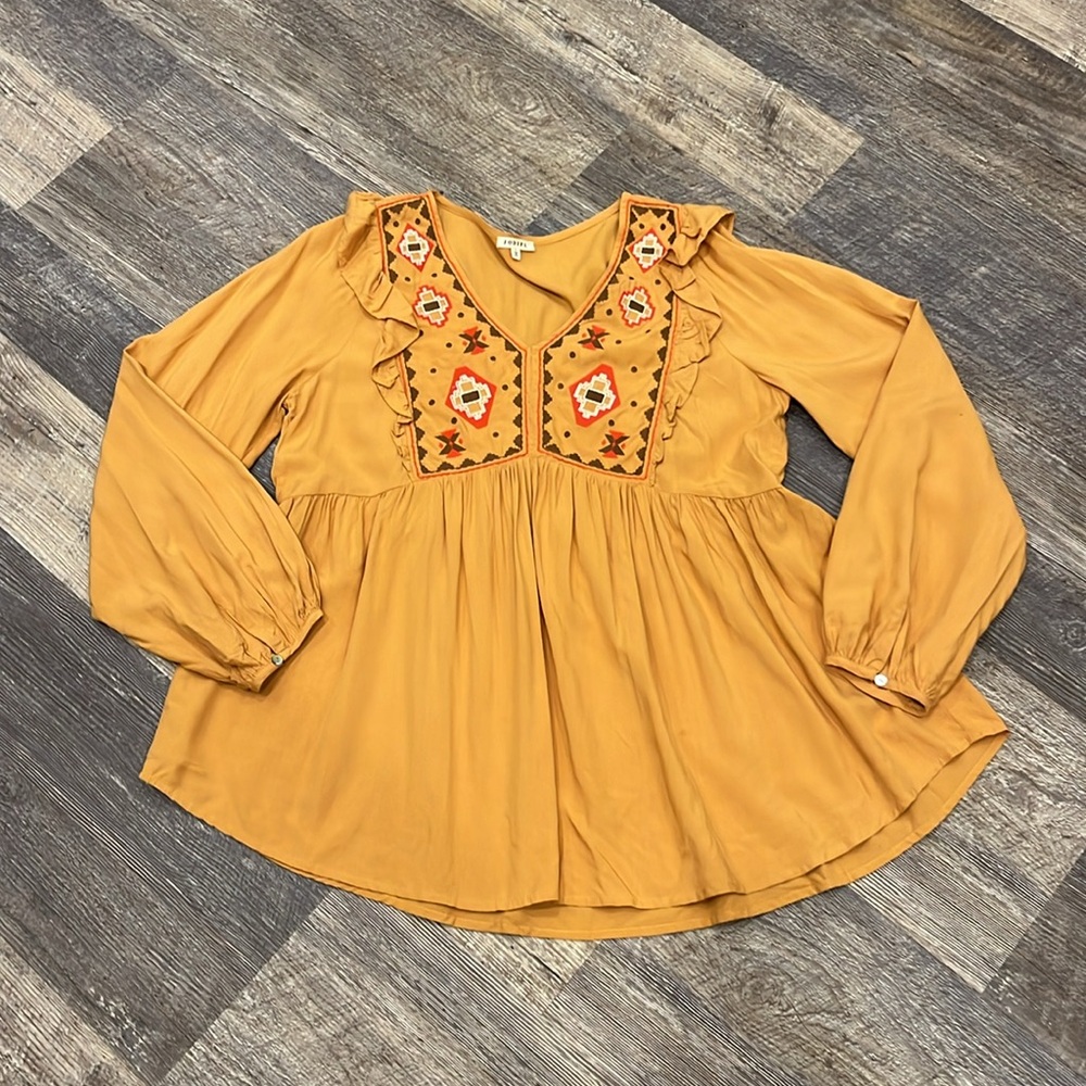 Jodifl Mustard Embroidered Ruffle Blouse L Boho Long Sleeve Top - Picture 8 of 11